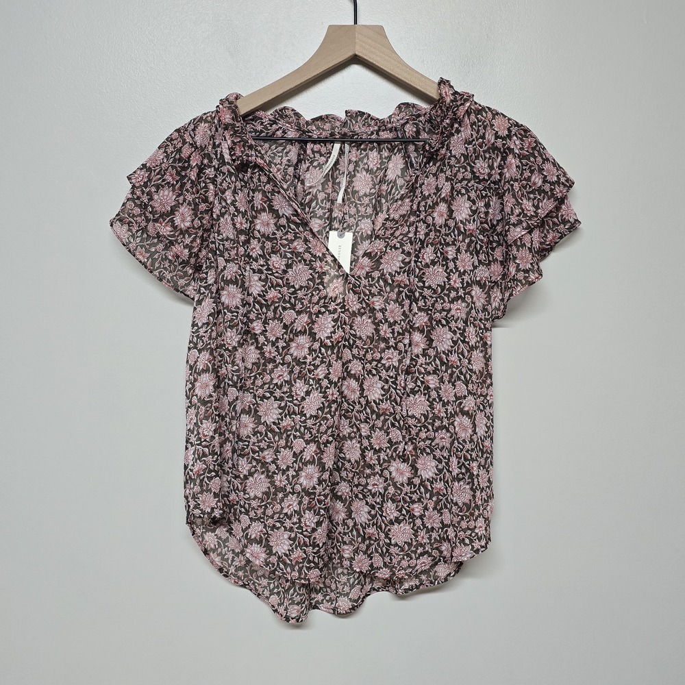 Anthropologie Blouse Medium V Neck Flutter Sleeve Floral Ruffle Sheer NWT - Picture 1 of 7